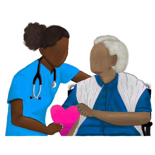 A nurse and an elderly woman holding a pink heart