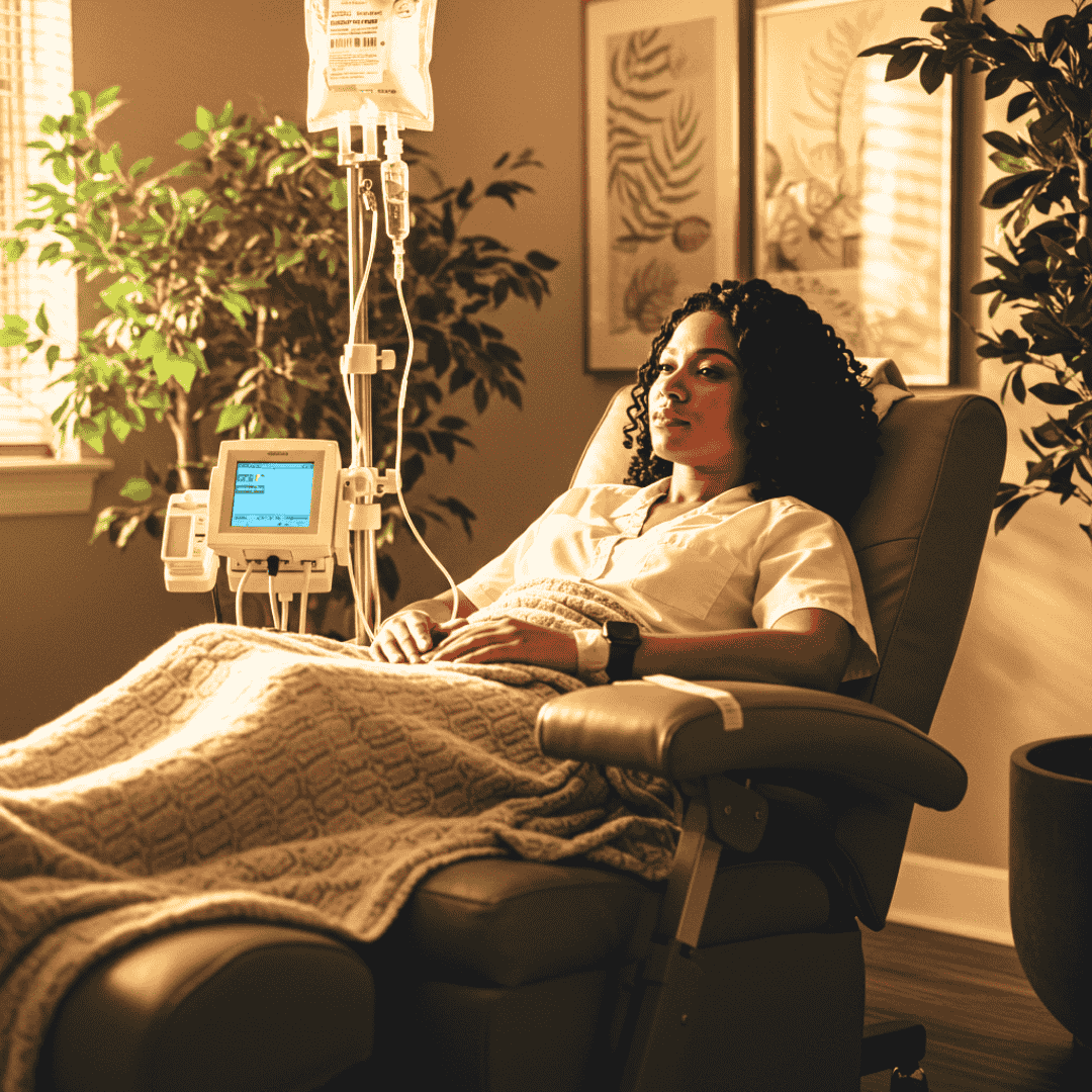 A woman in a hospital bed connected to an IV drip, sitting in a well-lit room with plants and framed artwork on the walls.