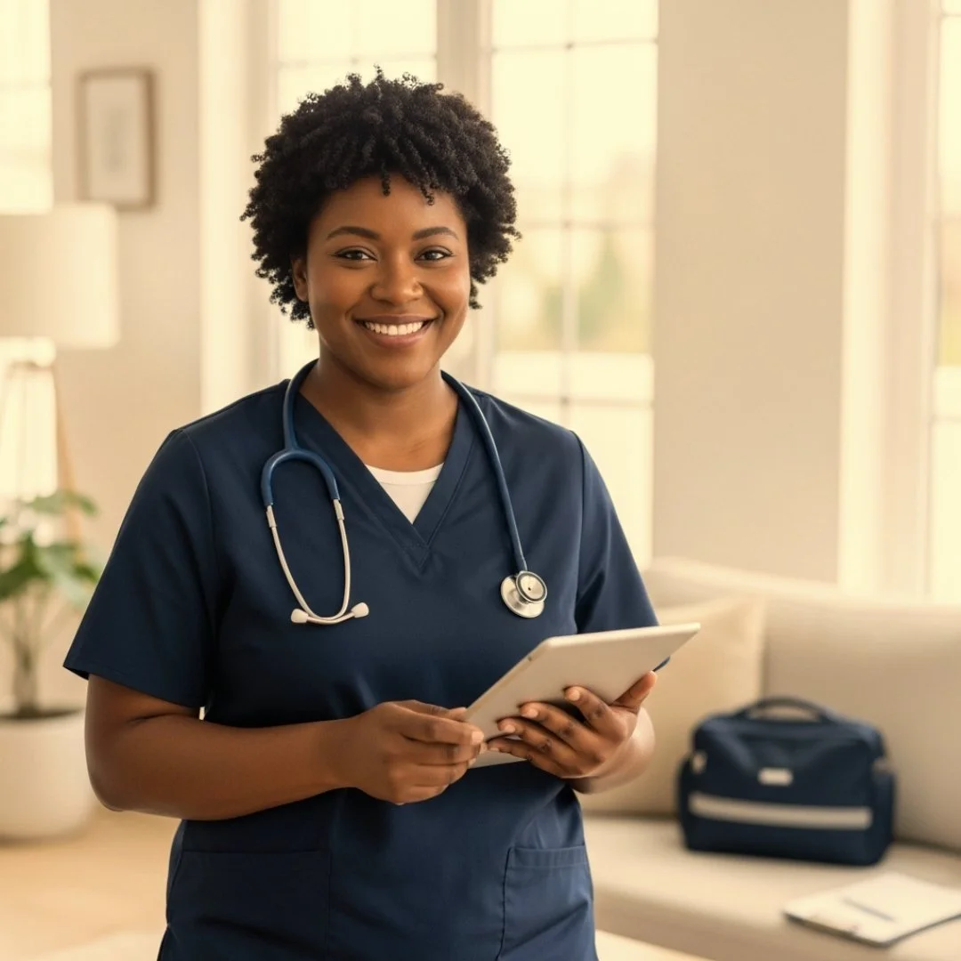 A nurse or healthcare professional smiling while holding a tablet in a bright room with large windows and a medical bag.