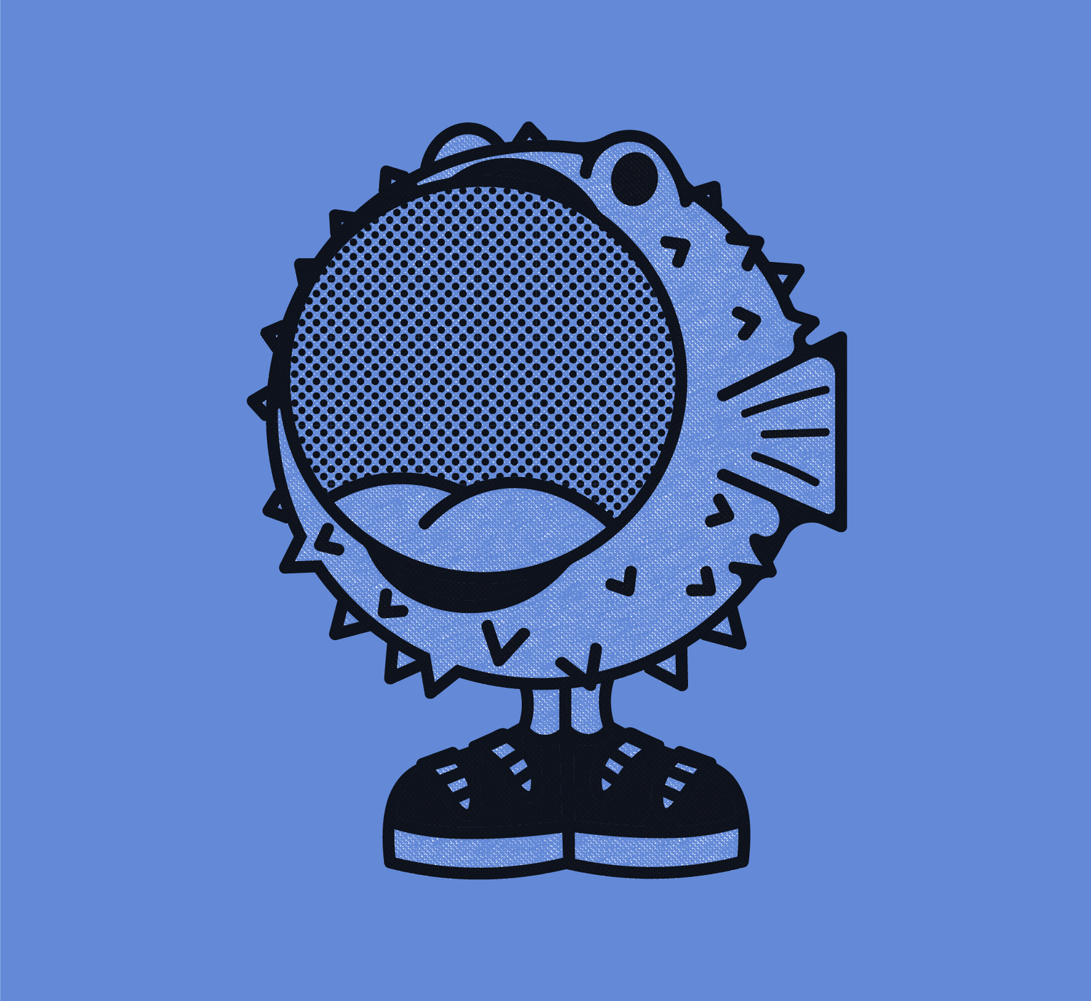 A blue cartoon character with a large head, spiky hair, and big eyes, wearing a t-shirt and sneakers on a blue background. Beside it is an orange cartoon character with spiky hair, big eyes, and a hand covering its mouth, on a white background.