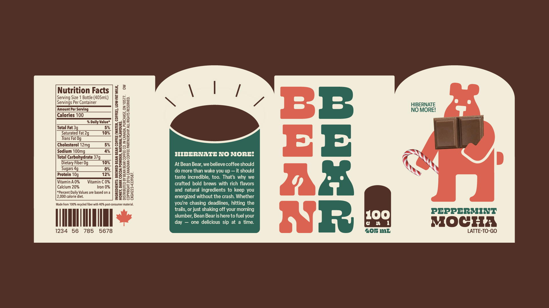 A coffee beverage label, which reads "BEAR BEAR, PEPPERMINT MOCHA LATTE-TO-GO" with a red bear drawing holding a candy cane and a chocolate square. The label is beige and the background is dark chocolate.