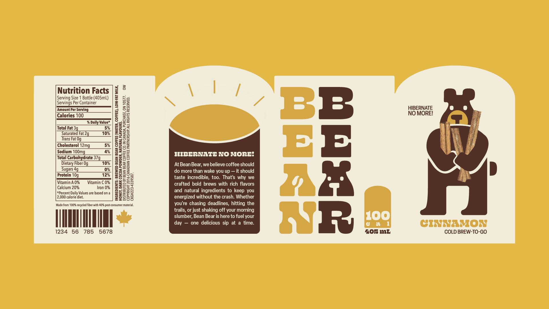 A coffee beverage spinning to show off the label, which reads "BEAR BEAR, CINNAMON COLD BREW-TO-GO" with a brown bear drawing holding cinnamon sticks. The label is beige and the background is yellow.