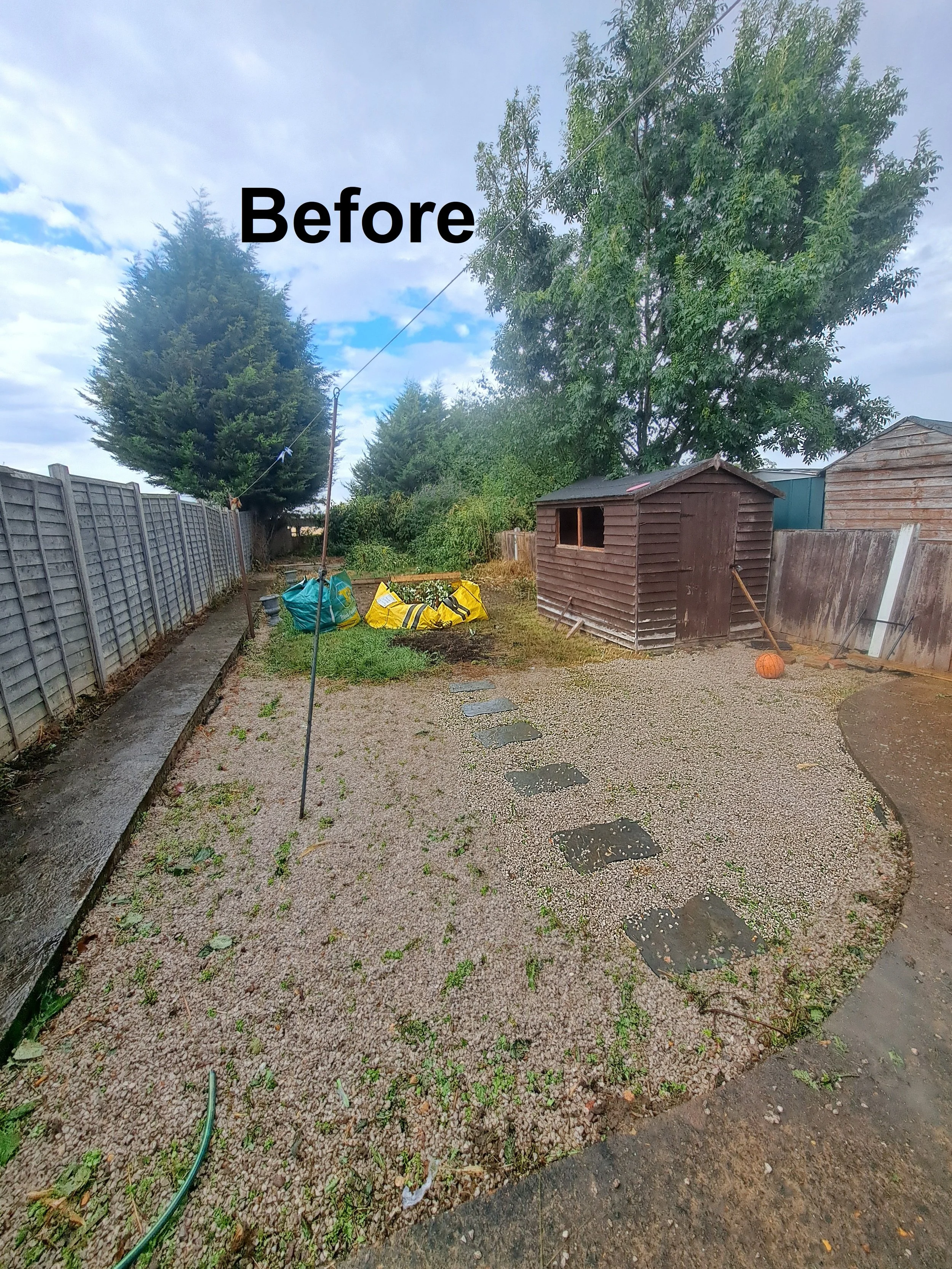 Backyard with gravel ground, stepping stones, wooden shed, trees, and fencing, labeled 'Before'.