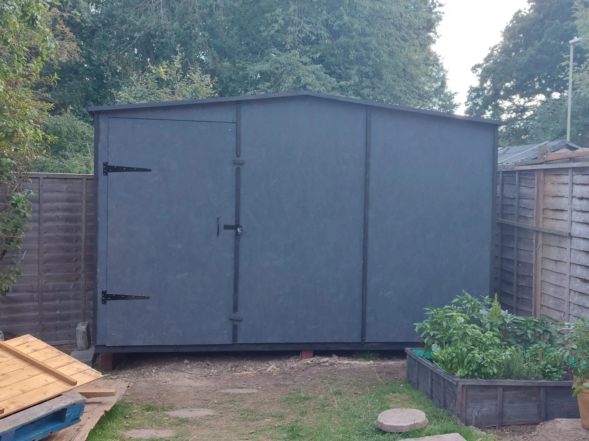 A grey shed with black hinges and a lock in a backyard, surrounded by a wooden fence, garden bed, and some greenery.