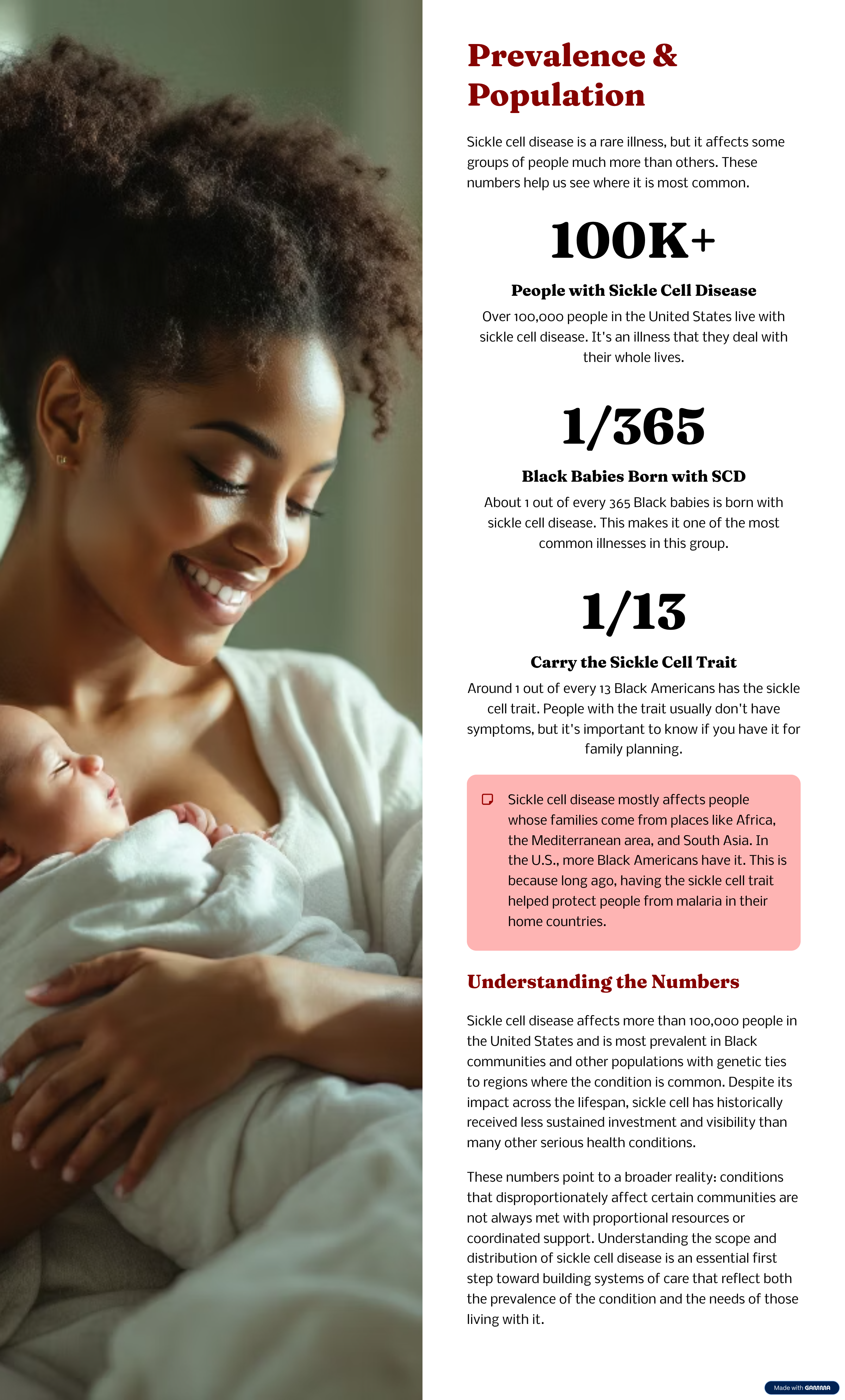 An infographic titled 'Prevalence & Population' shows statistics about sickle cell disease, featuring a woman with natural curly hair holding a baby, both smiling. The infographic highlights that over 100,000 people in the U.S. have sickle cell disease, 1 in 365 Black babies are born with it, and 1 in 13 Black Americans carry the sickle cell trait. It explains how the disease affects predominantly African, Mediterranean, and South Asian populations, and provides context for understanding these numbers.