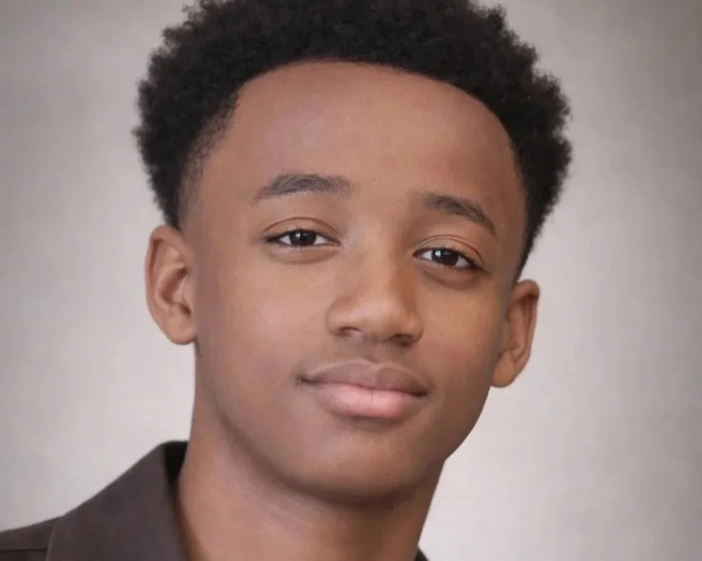 A young person with short curly hair and a gentle smile, wearing a dark shirt, against a neutral background.