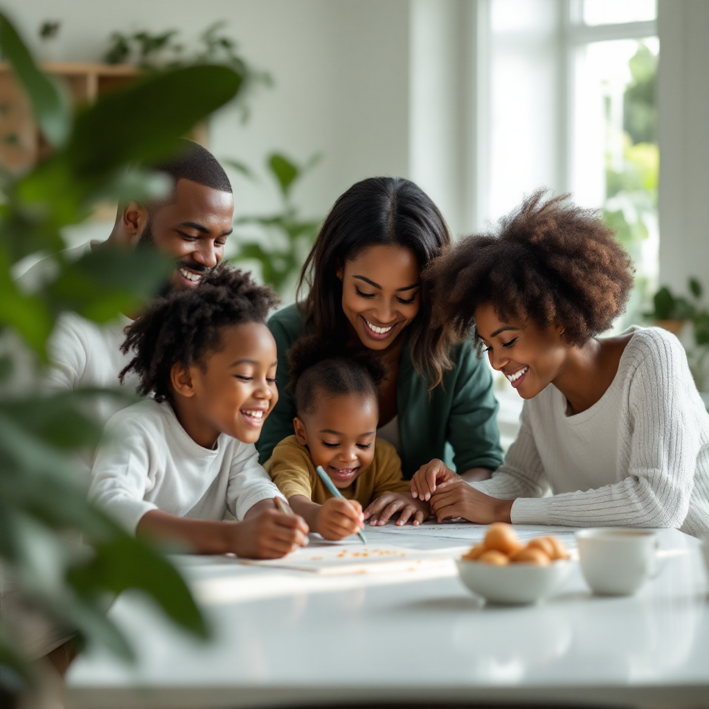 A happy multigenerational family gathered around a table, drawing and coloring together in a bright, cozy room.