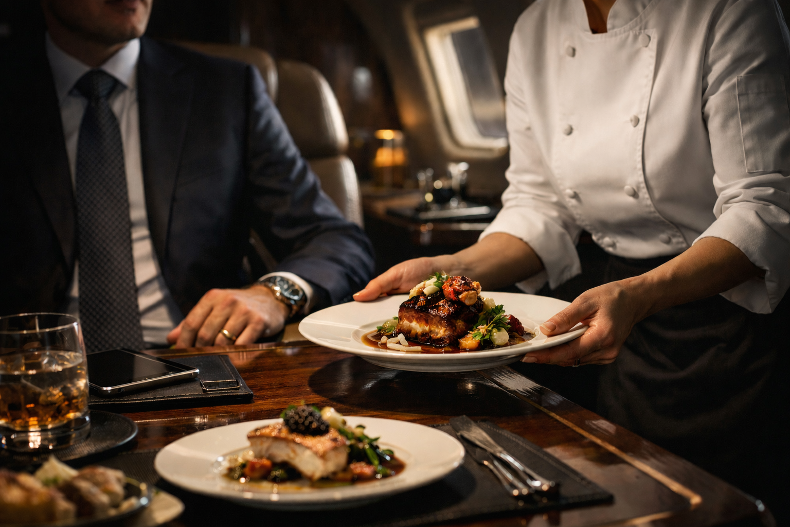 Garçom serve prato de comida gourmet a um cliente em um ambiente de restaurante sofisticado.