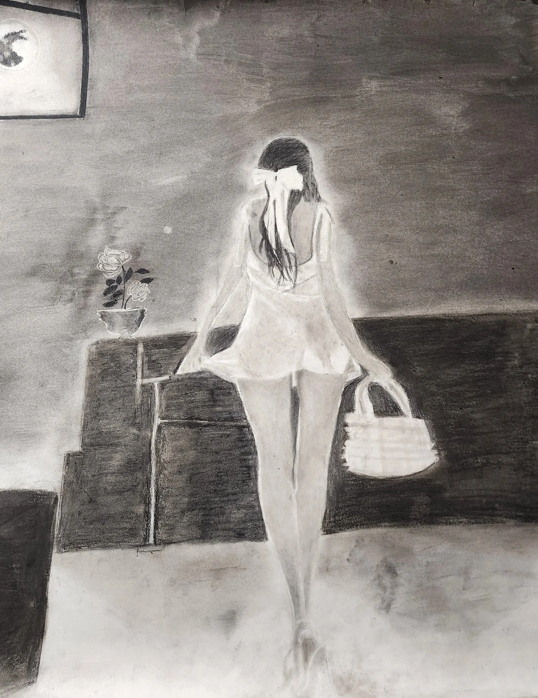 A black and white sketch of a woman with long hair, wearing a dress, walking with a handbag in her right hand. She is in a room with a side table that has a flower vase with flowers, and a picture frame on the wall.