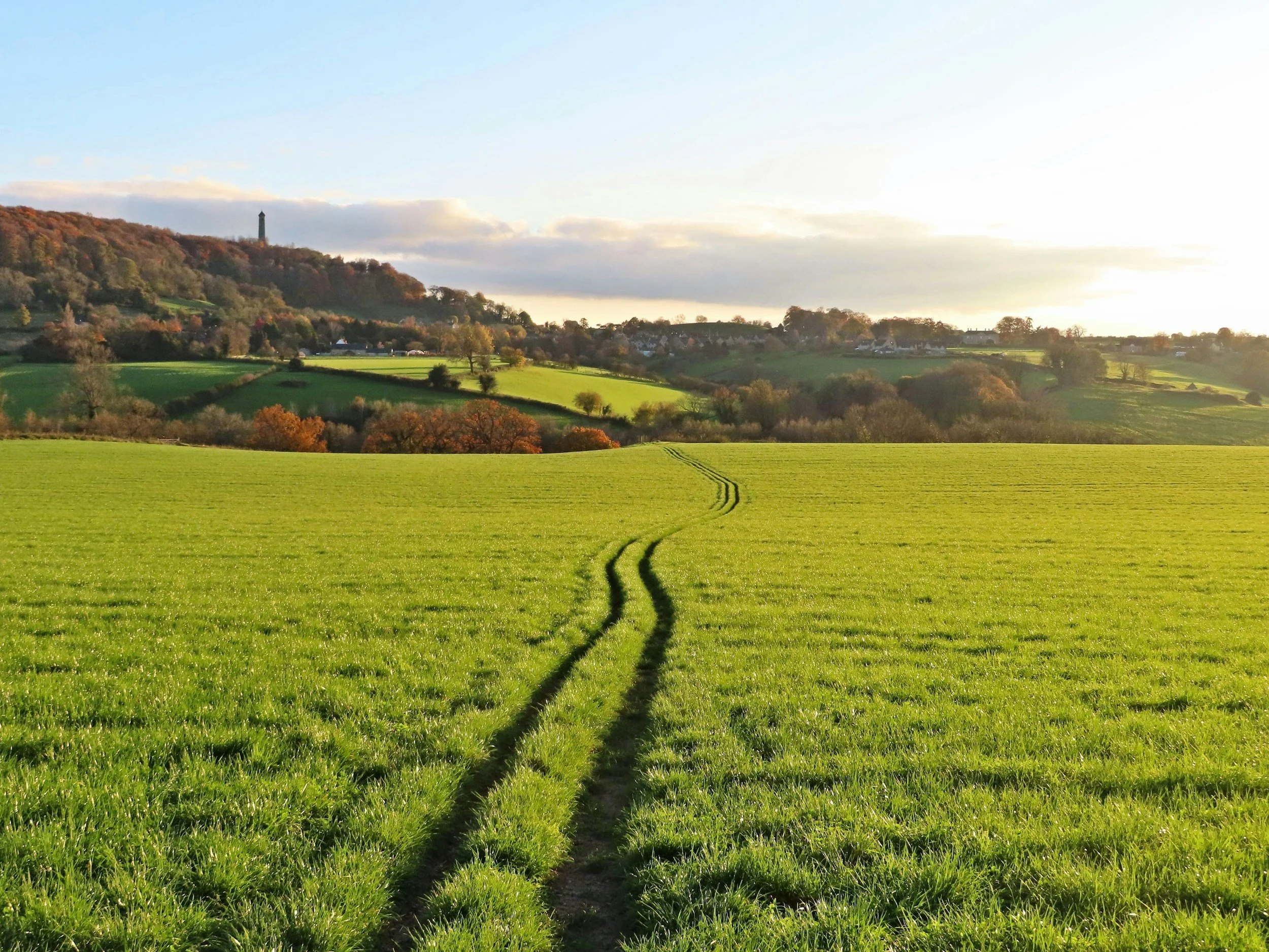 A green field with tire tracks leading toward rolling hills with trees, houses, and a hill with a monument or tower on top under a partly cloudy sky.