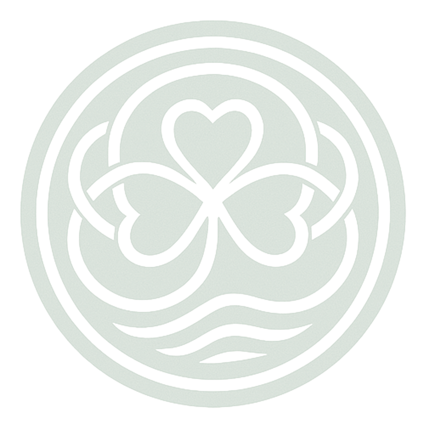 A circular design featuring four heart-shaped leaves forming a shamrock, with water waves underneath, all outlined in green.