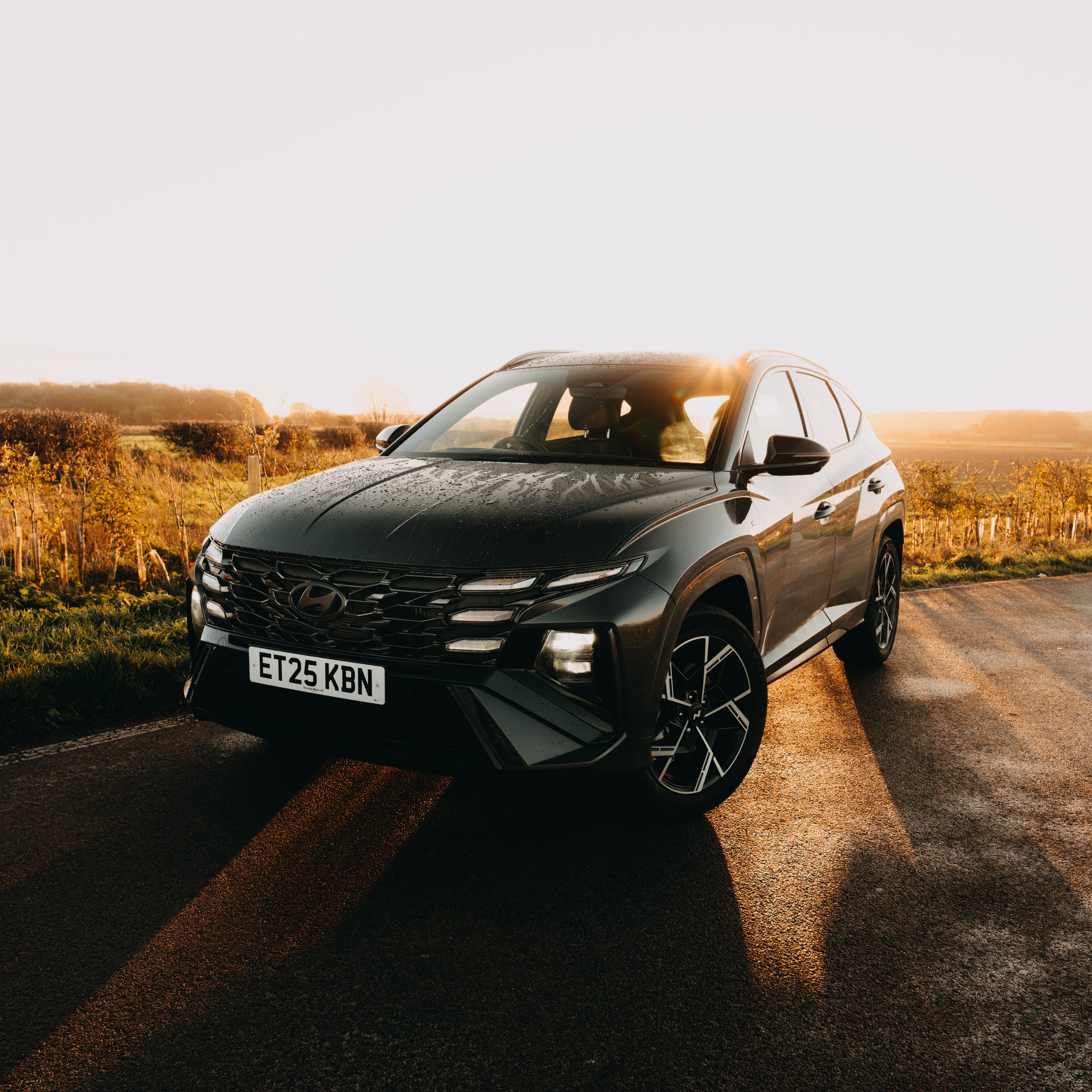 Black SUV parked on the side of a rural road during sunset with a vineyard and hills in the background.