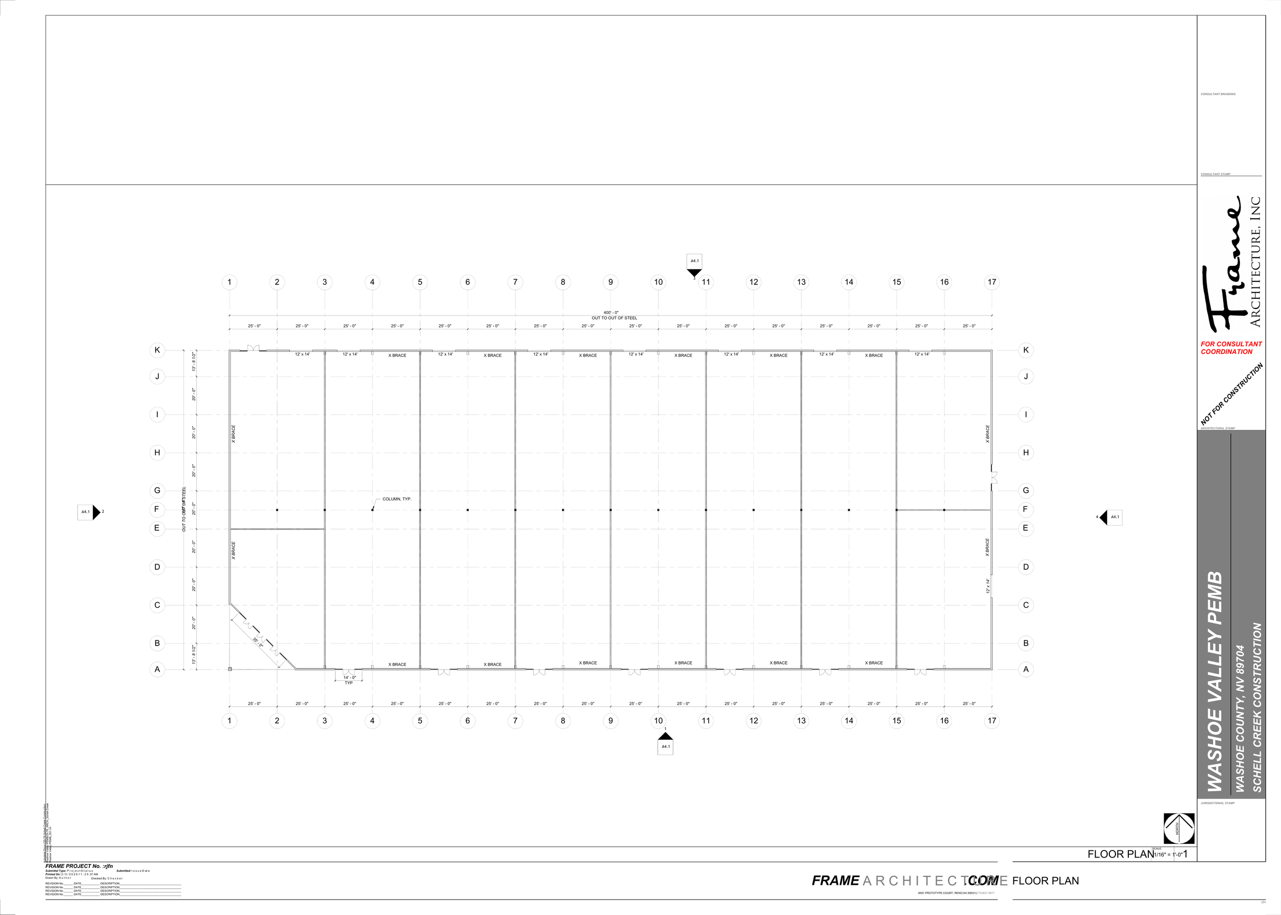 Architectural floor plan of a building with labeled columns and gridlines, showing structural details for construction.