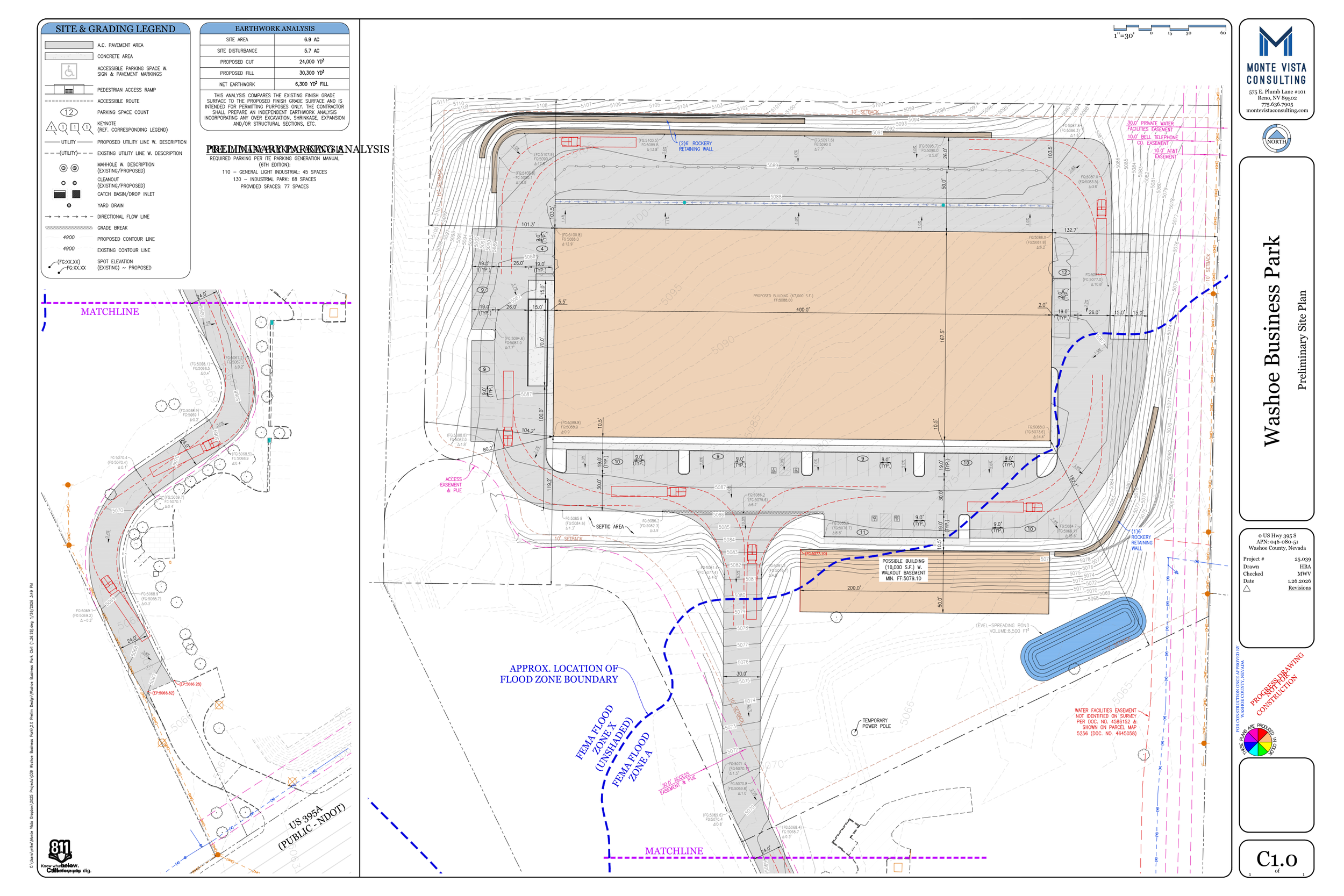 Site plan for Washoe Business Park showing building footprints, parking, driveways, landscaping, and utility details with various annotations and boundary markers.
