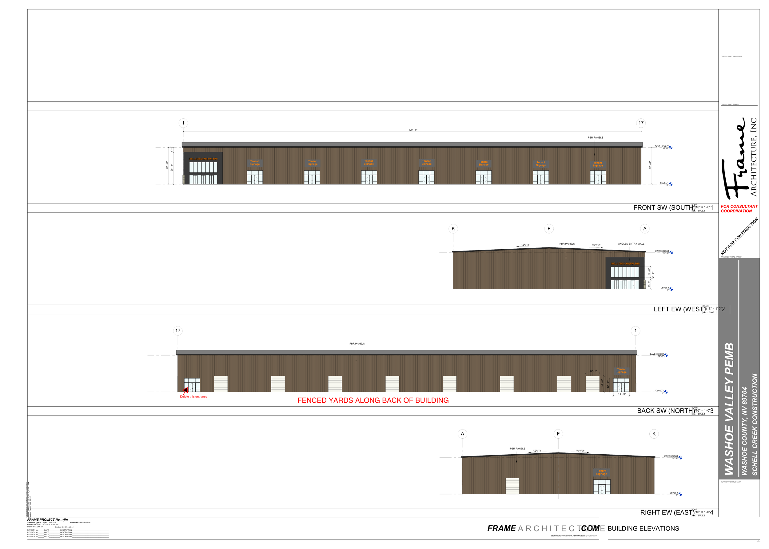 Architectural drawing of a commercial building with front, back, and side elevations. The building has a brown exterior with multiple doors, windows, and tenant signage. Fenced yards are indicated along the back of the building.