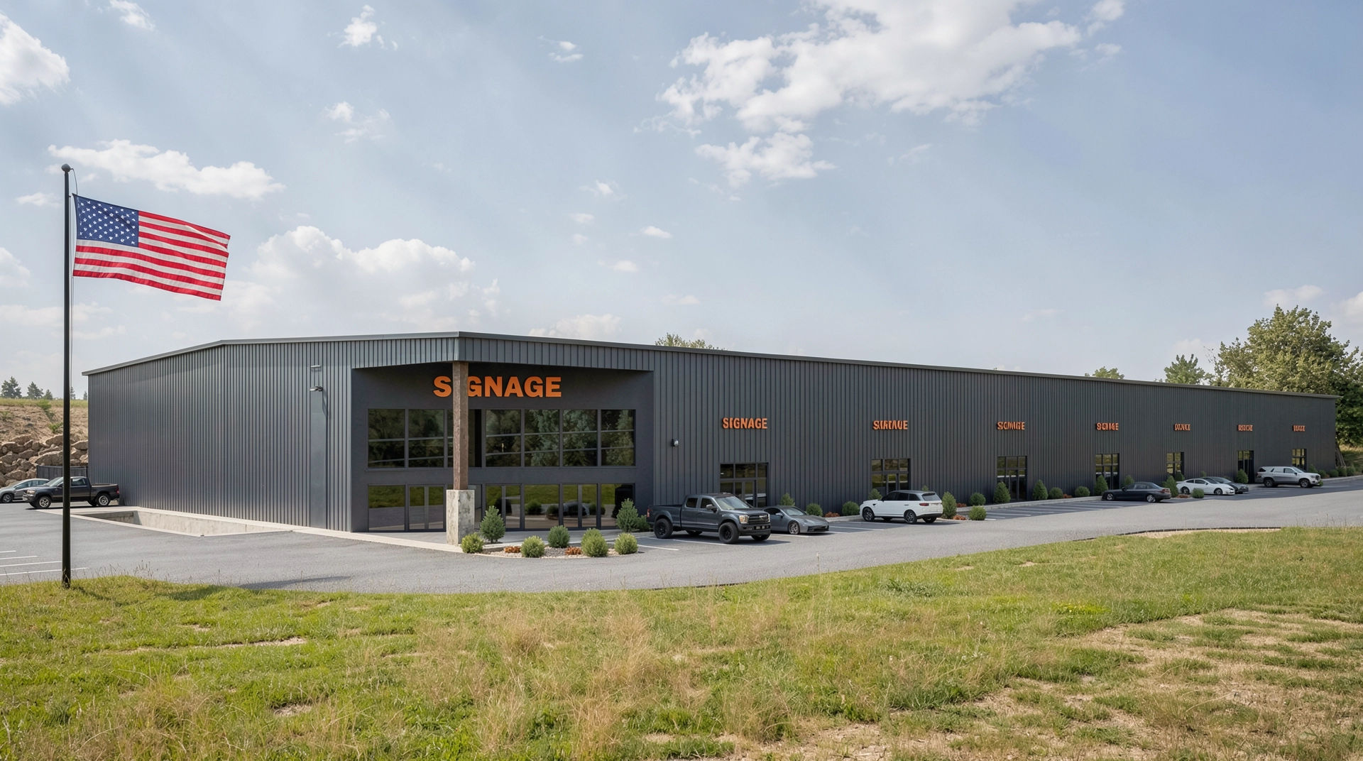 A large industrial building with multiple signage signs and cars parked outside, a flagpole with the United States flag, and a grassy area in the foreground.