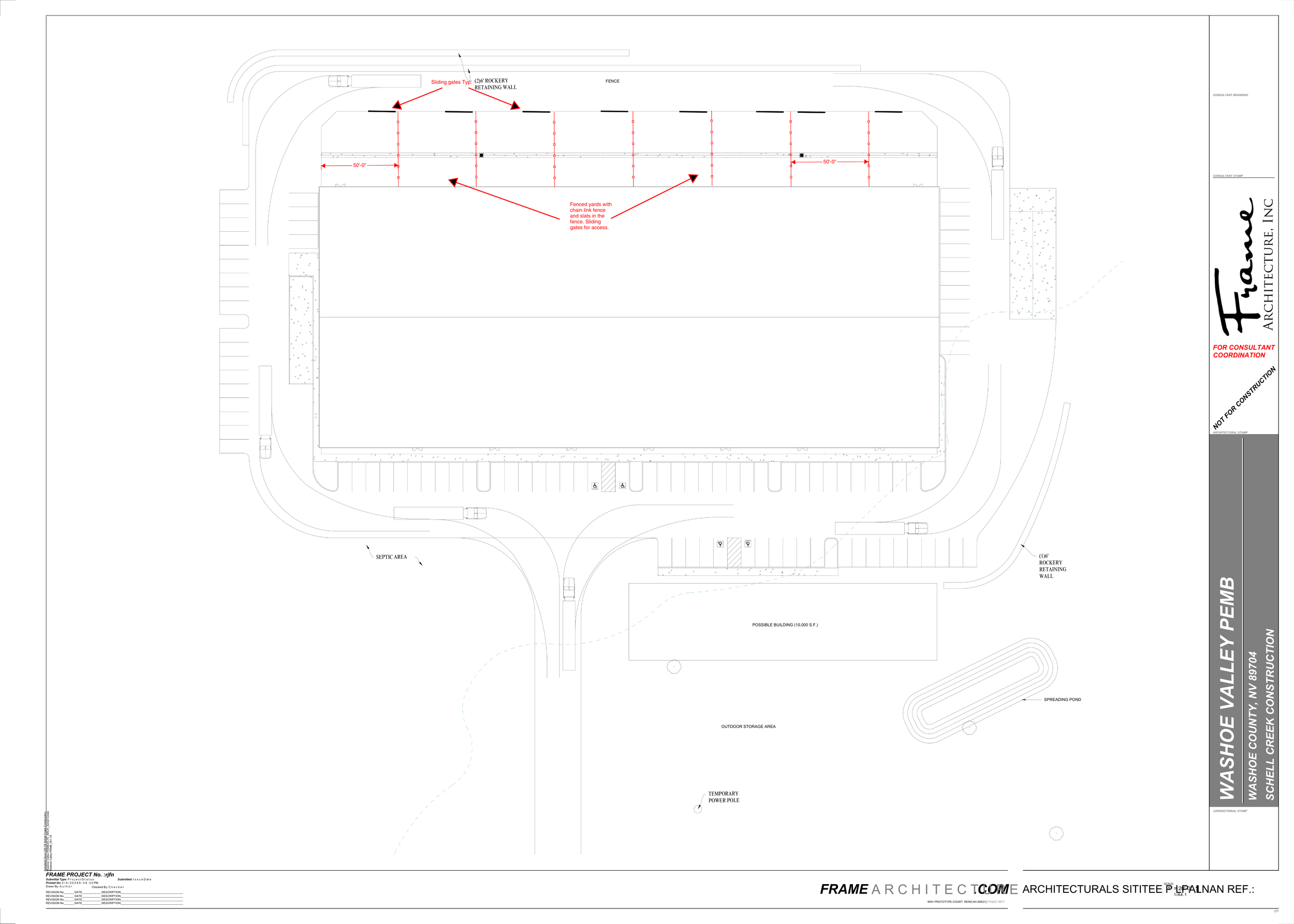 Site plan for a building project showing parking areas, a septic area, outdoor storage, and fencing details.