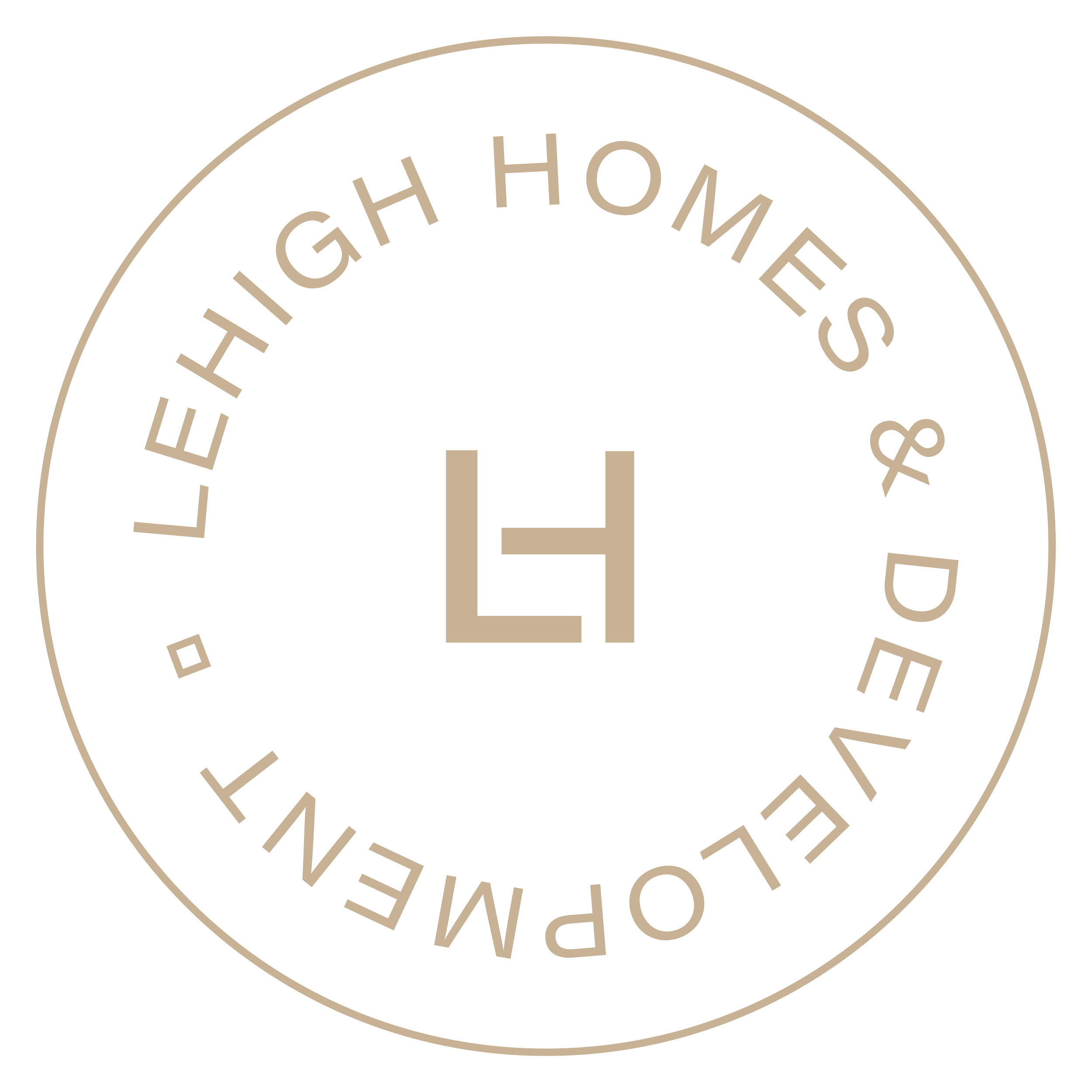 Circular logo with beige border and text reading 'Lehigh Homes & Development' encircling a beige 'LH' in the center.