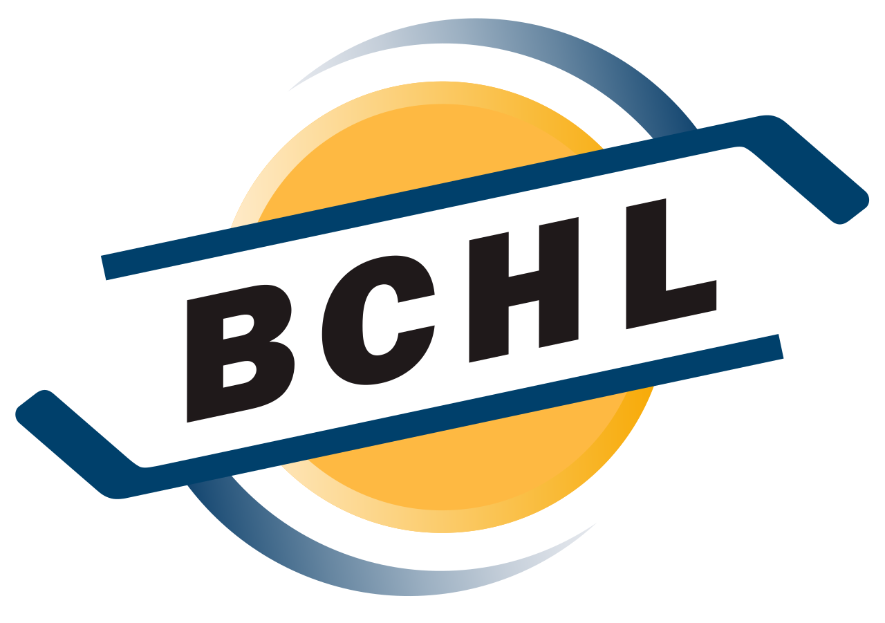 A graphic featuring a stylized sun with rays and the BCHL logo in bold black letters on a white banner overlaying a blue and yellow circular background.