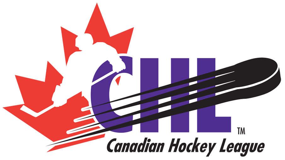Logo of the Canadian Hockey League featuring a silhouette of a hockey player and three hockey sticks over a stylized map of Canada with red, white, black, and purple colors.
