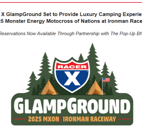 Logo for Glampground with trees, tents, and American flag, promoting the 2025 MXON at Ironman Raceway.