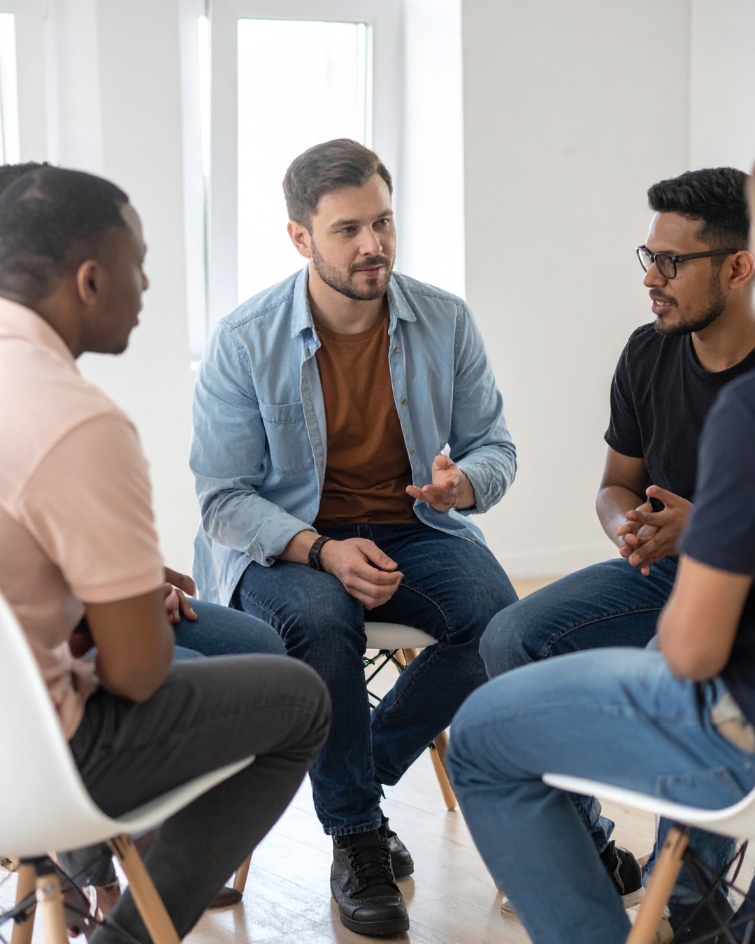 Group of men sitting in a circle having a serious conversation, representing men’s health discussions and support