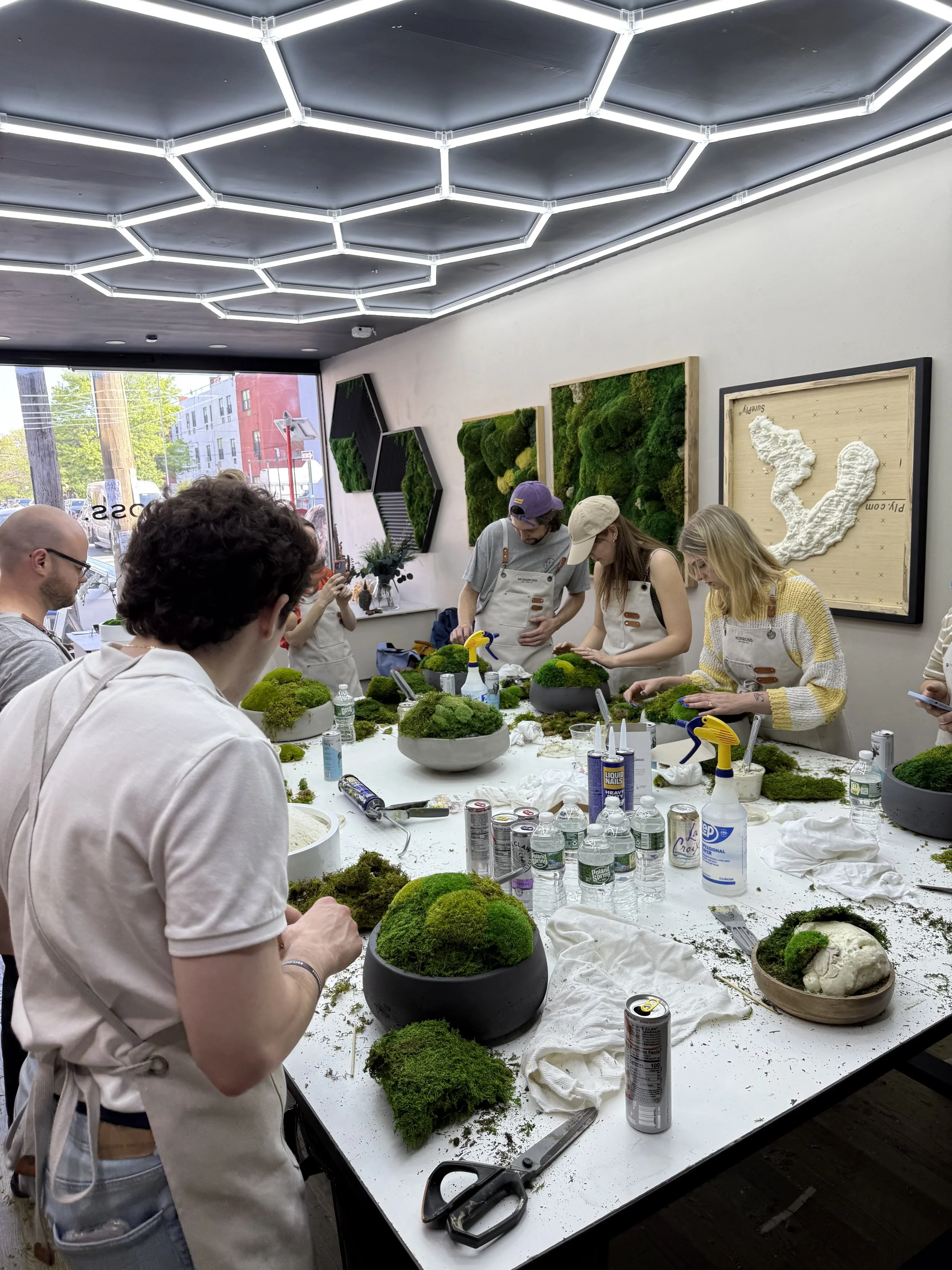 several people making moss bowls during a MossBoss NYC class.