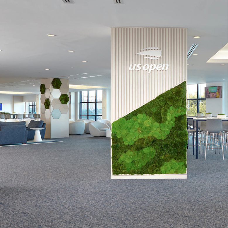 Installation of moss on a pillar in a lounge at the US Open in New York.
