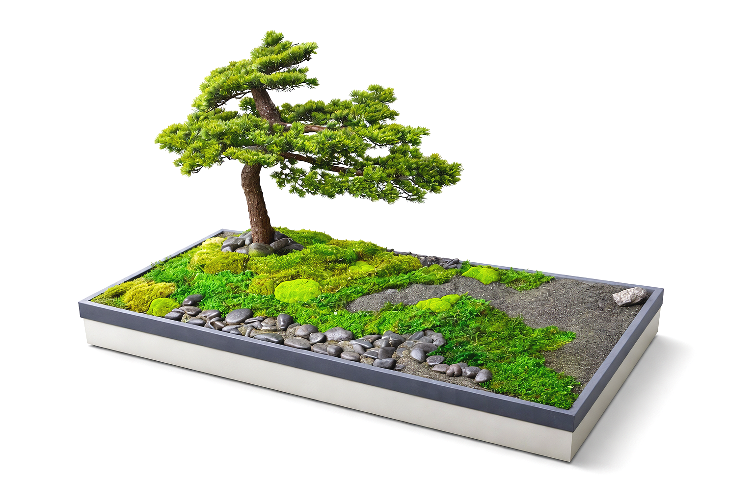 Custom Planter - Faux Bonsai, river rocks, black sand and preserved moss