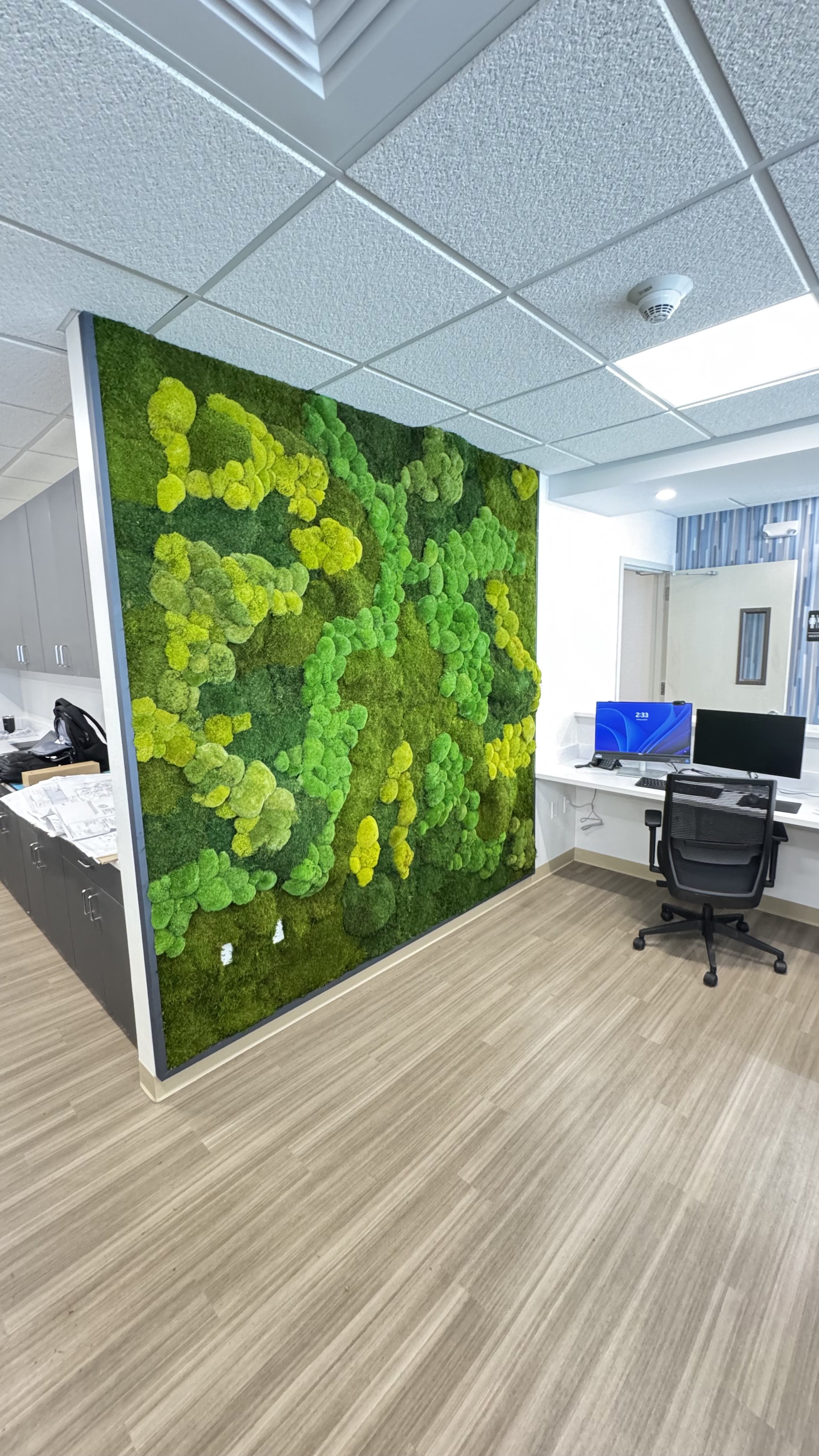 Office room with a large green moss wall and two computer monitors on a desk.