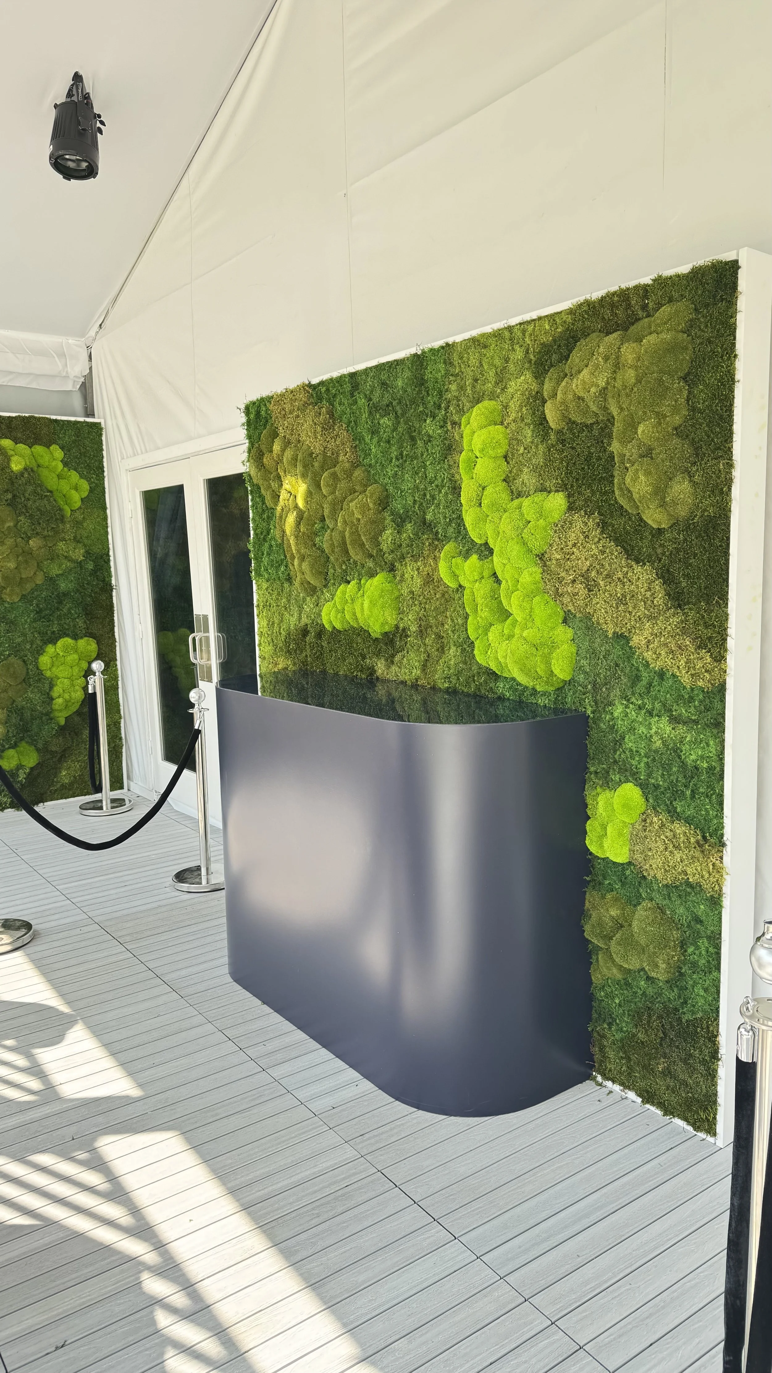 Green moss and plant wall behind a black curved counter with stanchions and velvet rope, in an indoor or outdoor event space.