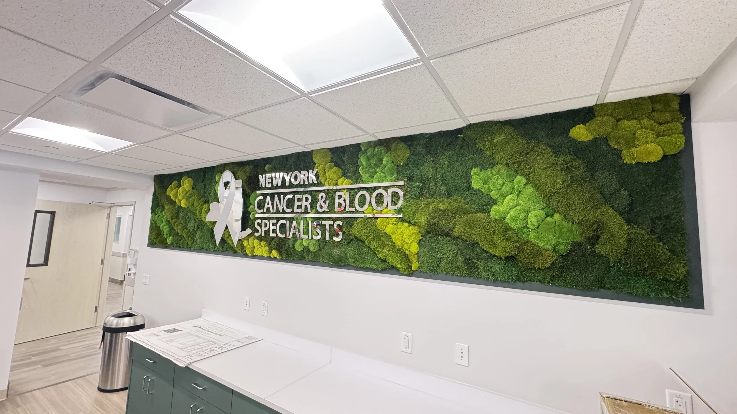 Interior of a medical office with a wall sign reading 'New York Cancer & Blood Specialists' on a green moss wall with decorative plants.