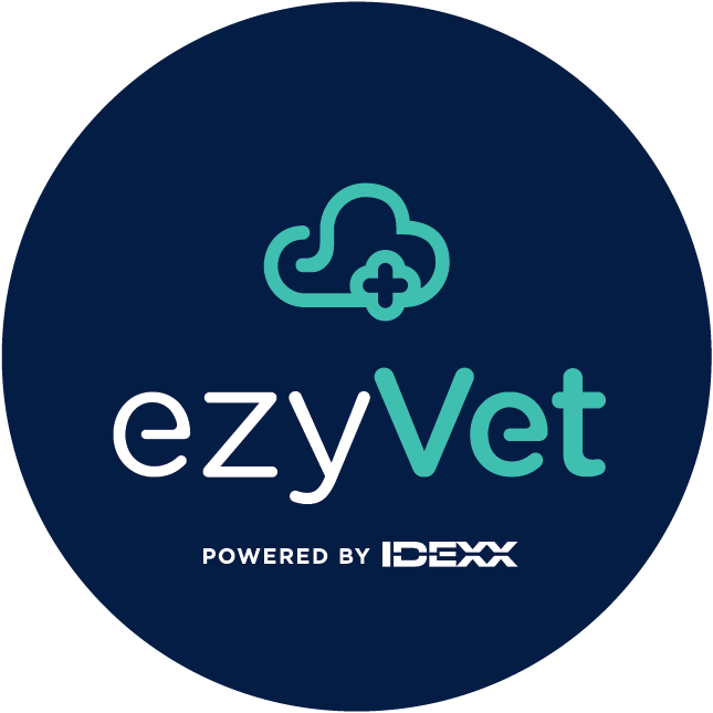 Logo for ezYVet, a veterinary service powered by IDEXX, with a cloud and plus sign icon.