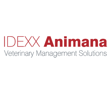 Logo for IDEXX Animana Veterinary Management Solutions with red and gray text on a black background.