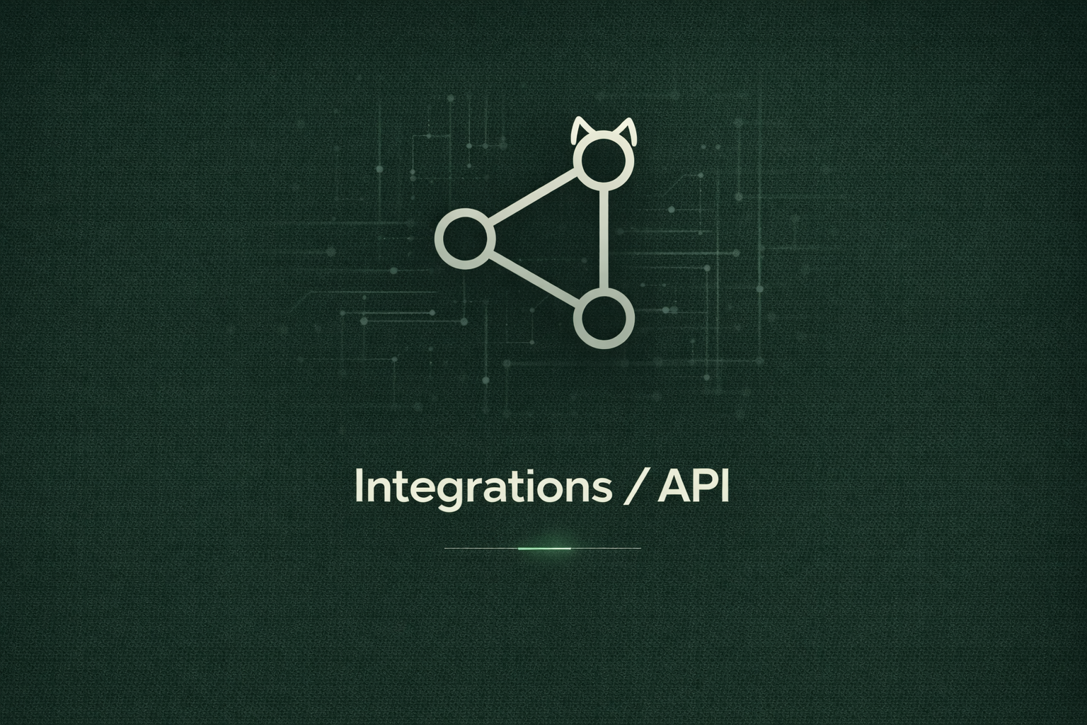 Digital graphic showing a network node icon with a small cat face on the top node, and the text 'Integrations / API' below.