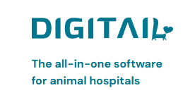 Logo with the word 'DIGITAL' in blue, featuring a small heart shape in the letter 'A'. Below, the tagline reads 'The all-in-one software for animal hospitals.'