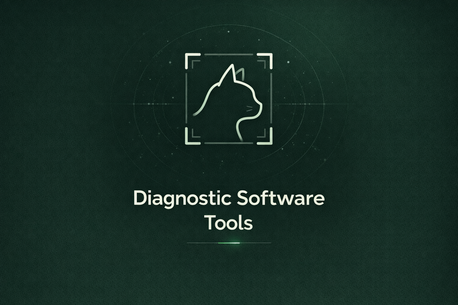 Digital illustration of a cat's profile inside a square frame with a green background, text reading 'Diagnostic Software Tools' below.