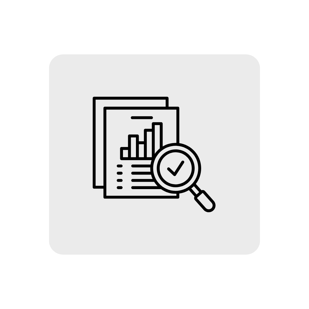 Icon of documents with a bar chart, magnifying glass with a checkmark for analysis or inspection.