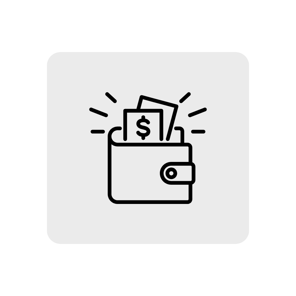Outline drawing of a wallet with dollar bills inside, radiating lines indicating money or wealth.