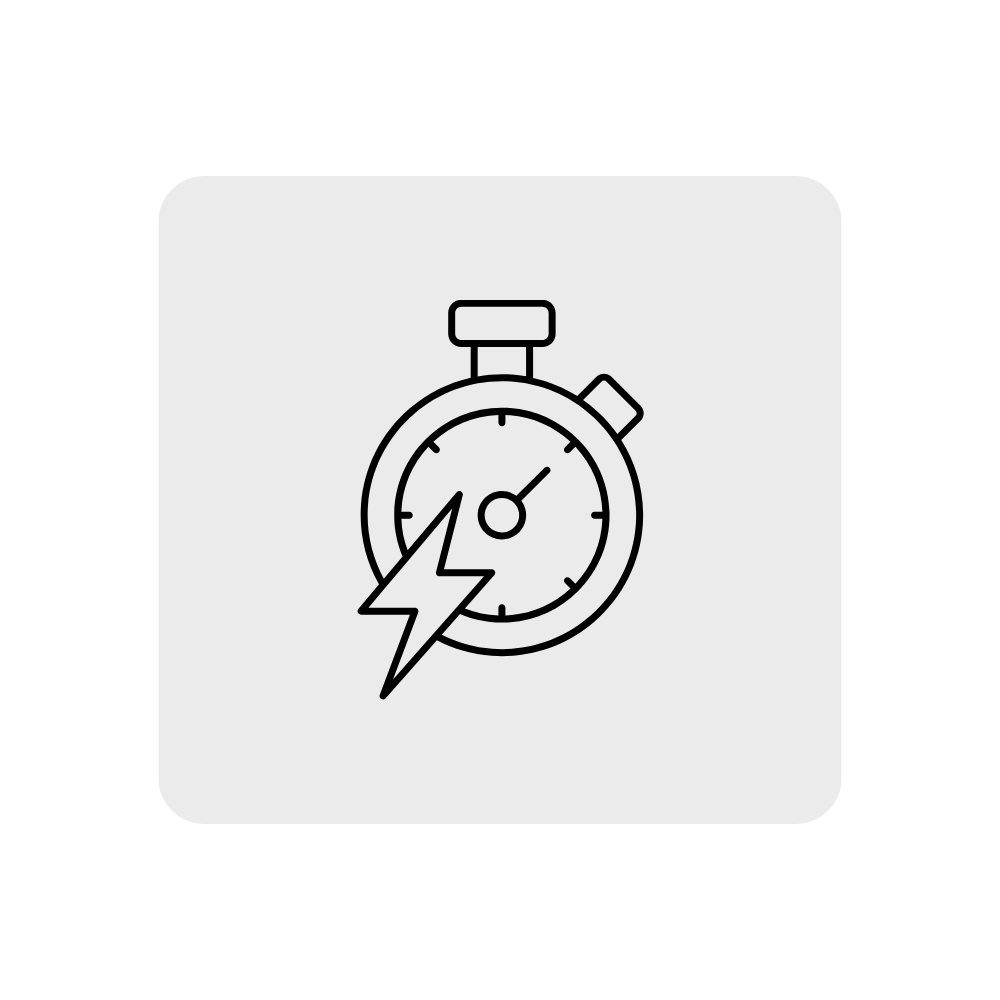 Line drawing of a stopwatch with a lightning bolt symbol at the bottom, indicating speed or power.