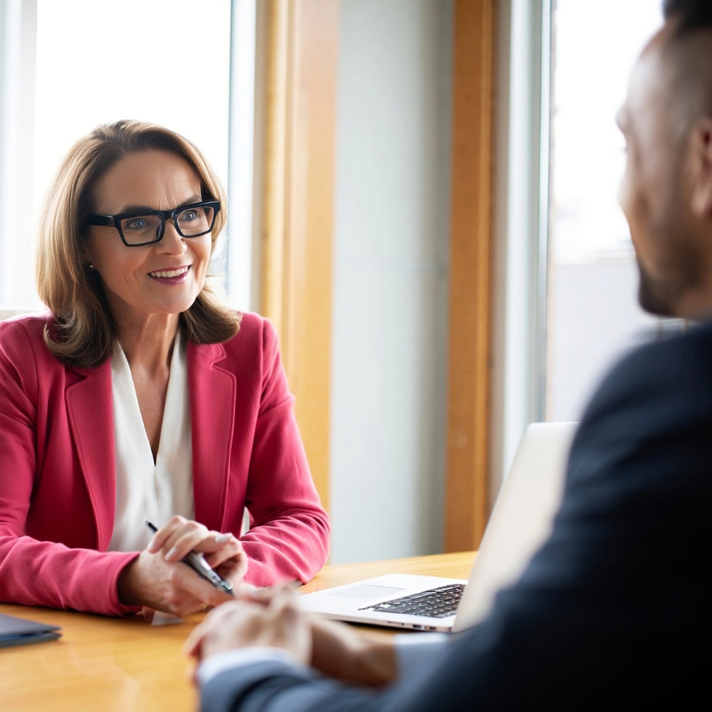 A woman in a pink blazer and glasses smiling during a conversation with a man at a table in a well-lit office.