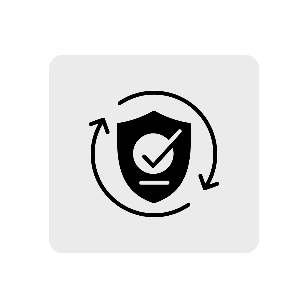 Icon of a shield with a checkmark inside, surrounded by circular arrows, representing protection or security.
