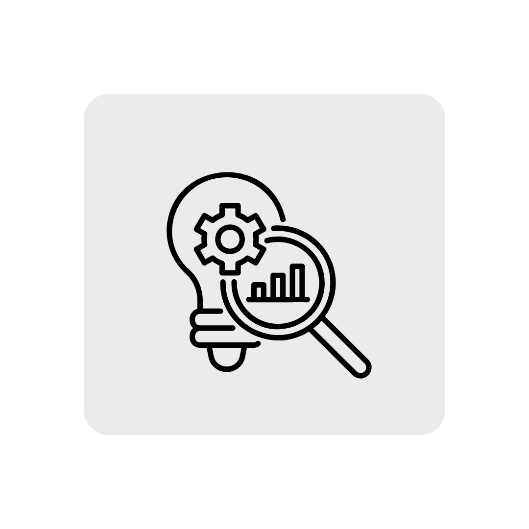 Icon of a light bulb with a gear and magnifying glass showing a bar graph inside