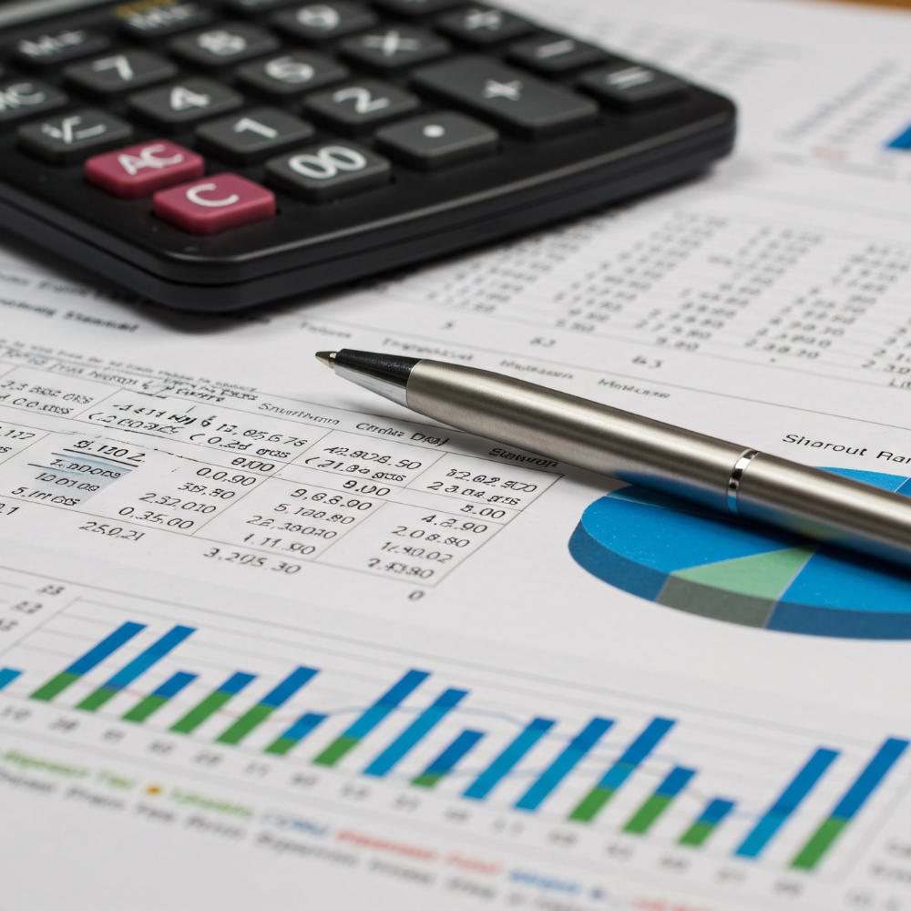 Financial documents with bar charts, a calculator, and a pen on a desk.