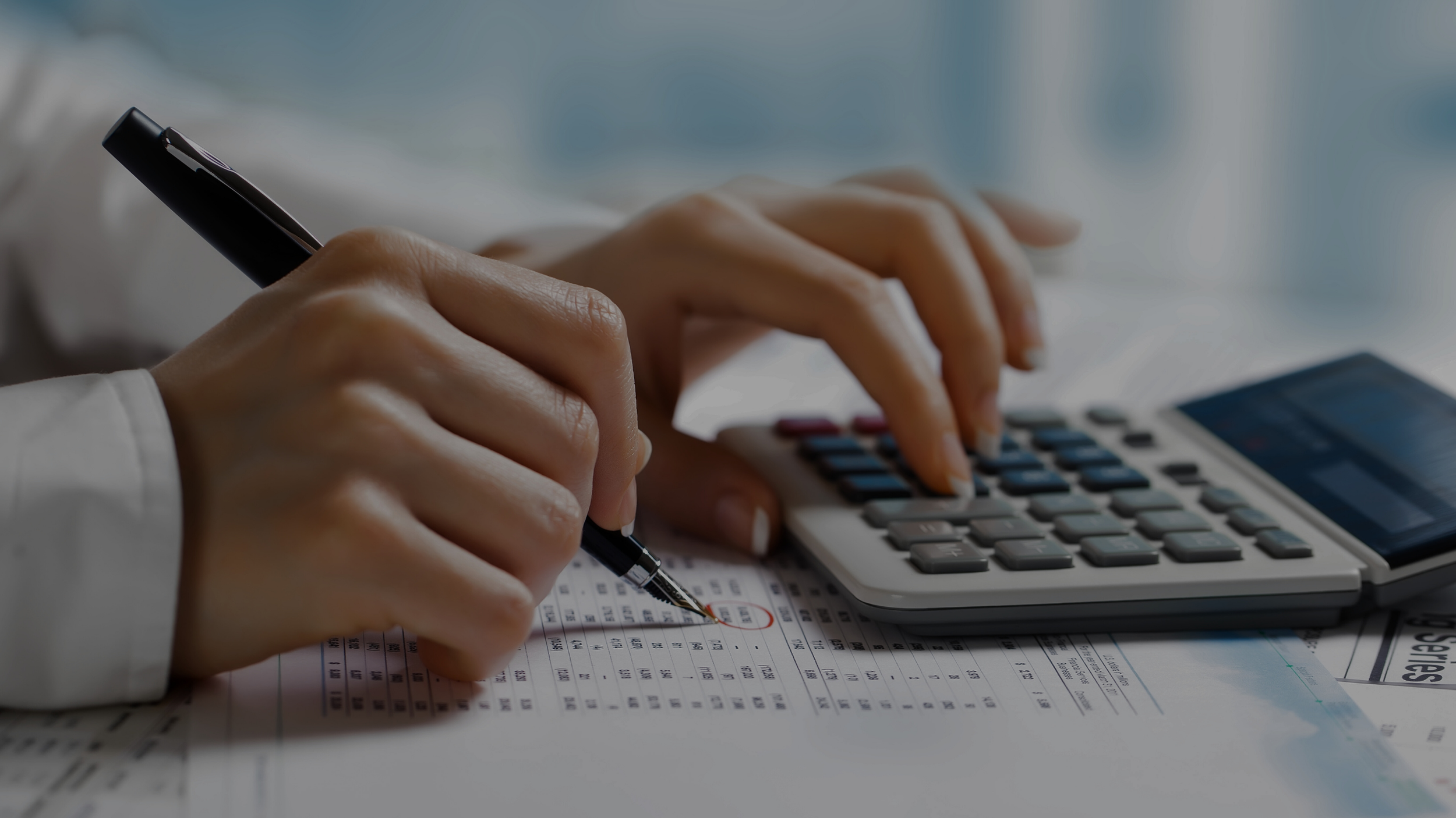 Close-up of a person's hands working with a calculator, a pen, and a printed spreadsheet or financial document.