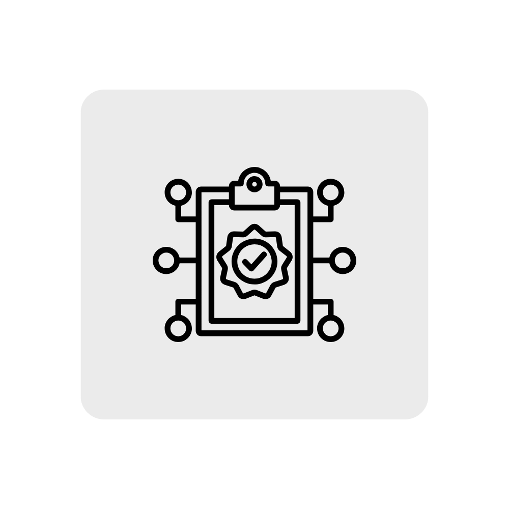 Icon of a document with a badge displaying a check mark, surrounded by connected nodes, representing certification or quality assurance.