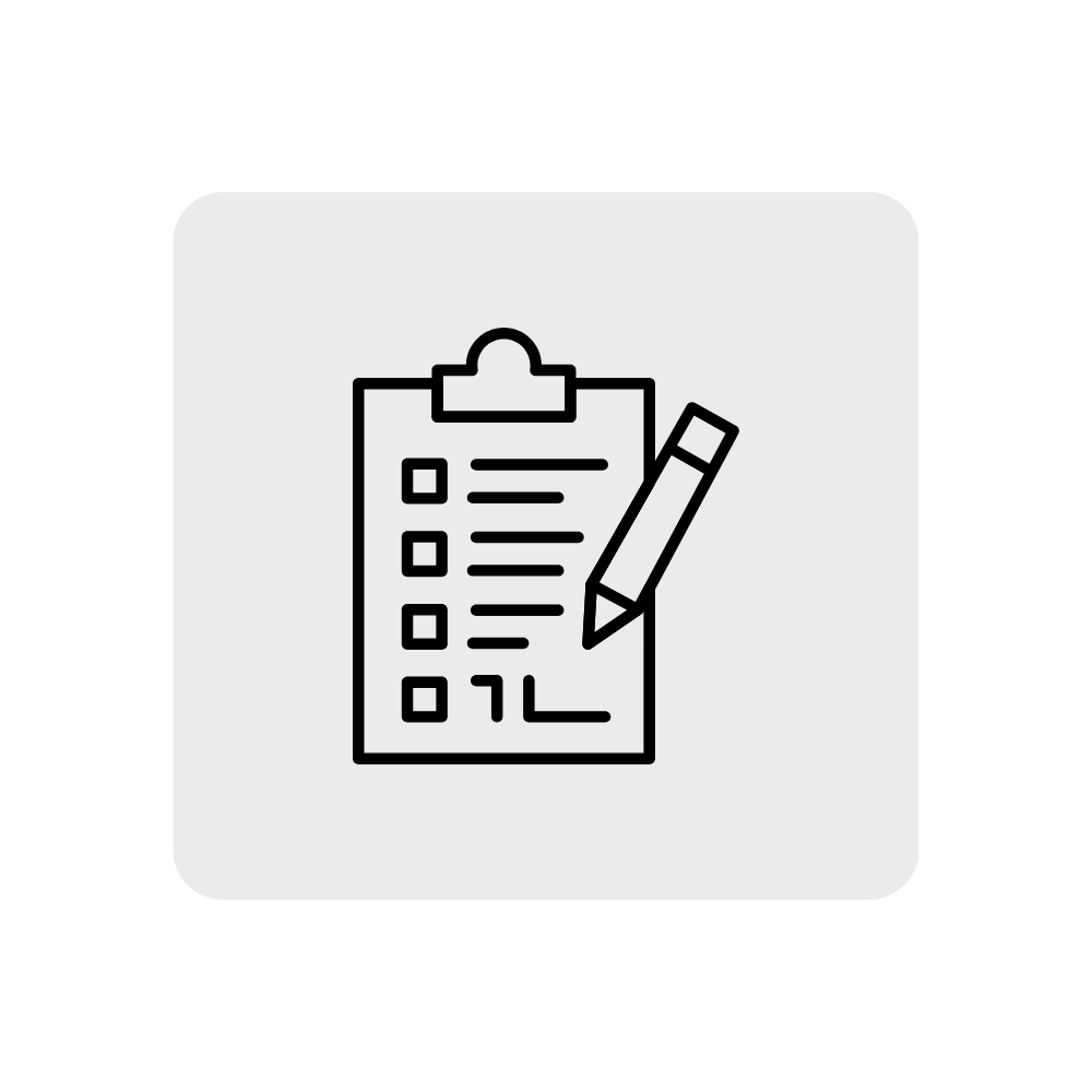 Icon of a checklist on a clipboard with a pen writing on it.