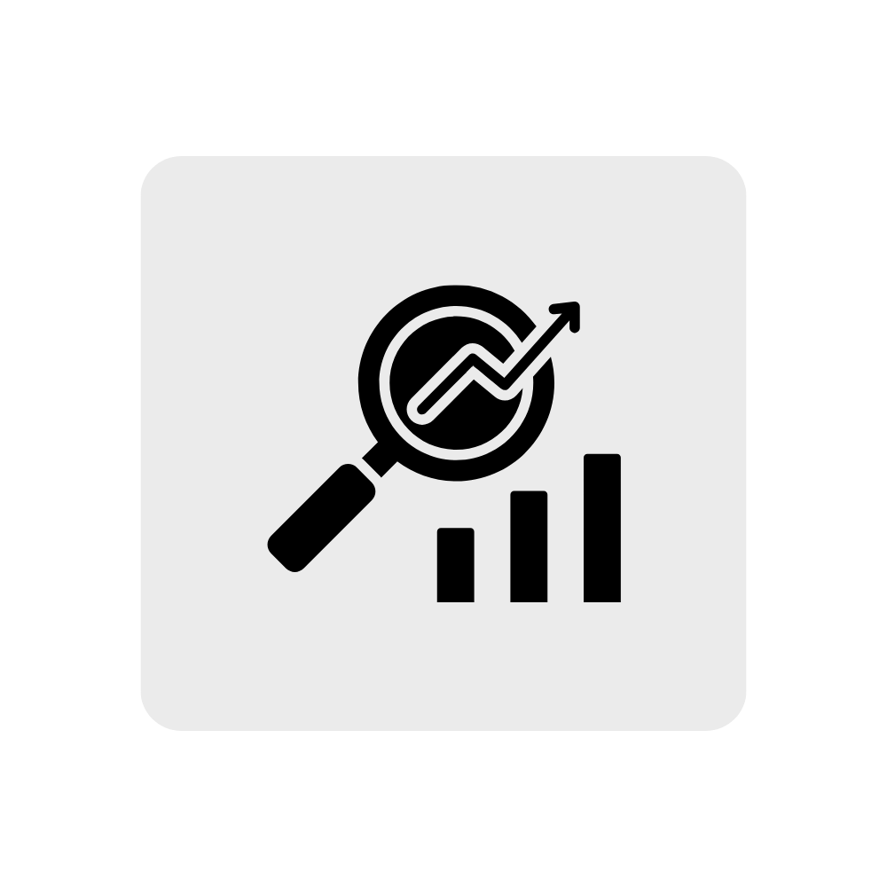 Icon of magnifying glass with upward trending graph and bar chart, symbolizing data analysis or growth research.