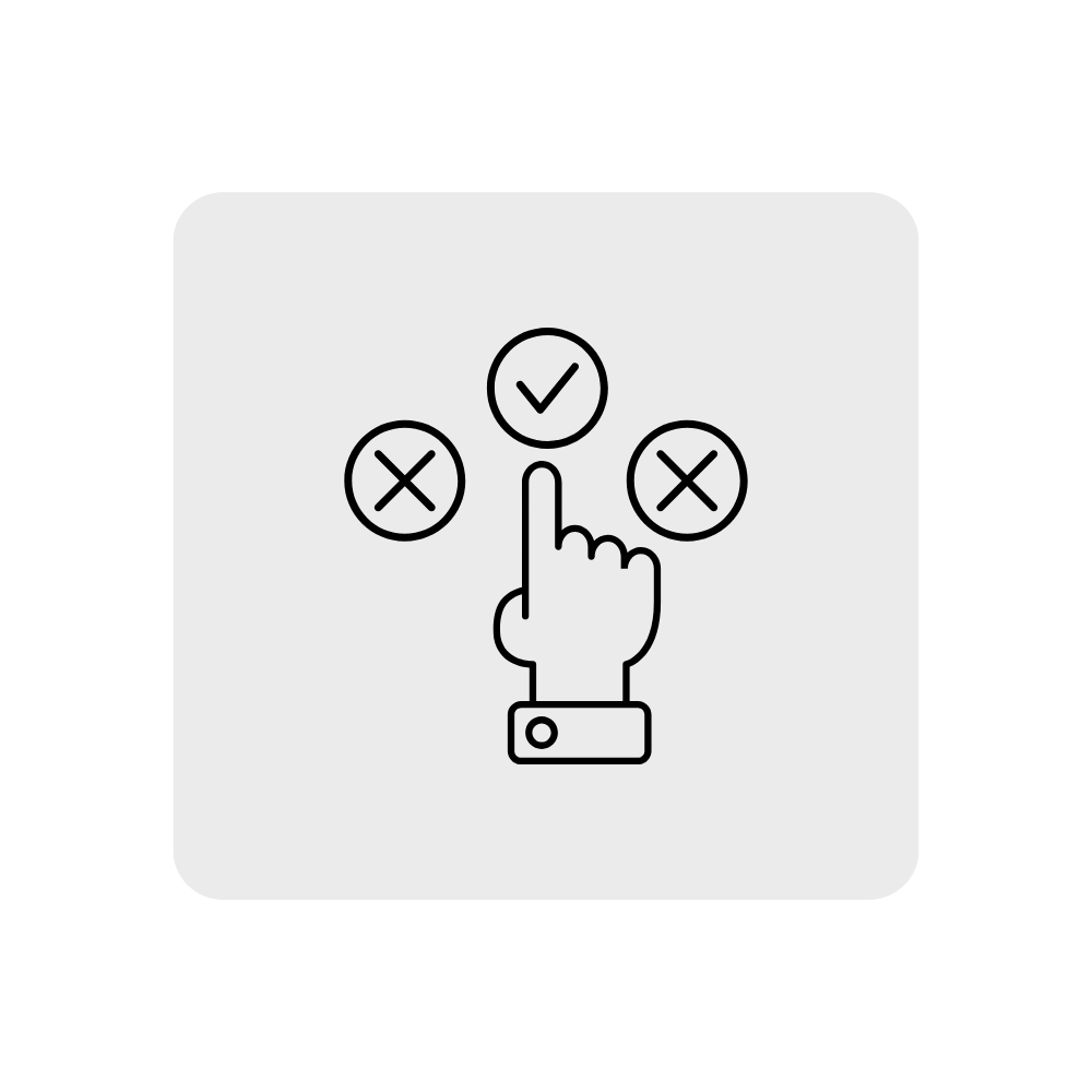 A hand with a pointing finger touching a checkmark in a circle, positioned between two crossed-out circles, on a light gray background.