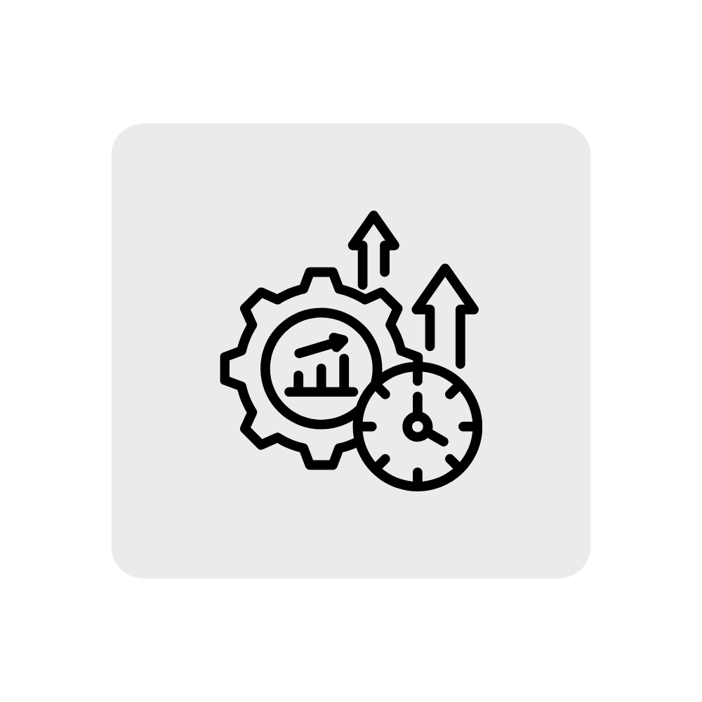 Icon of a gear, clock, and bar chart with arrows indicating growth and time management.